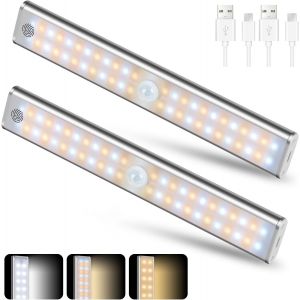 Lot De 2 Led Lampe De Placard, 6500k Réglette Led Cuisine, 72 Led Lampe Detecteur De Mouvement Interieur Avec 3 Couleurs, Sans Fil, Rechargeable Usb, Pour Cuisine, Armoires, Escalier, Garage... - Neuf