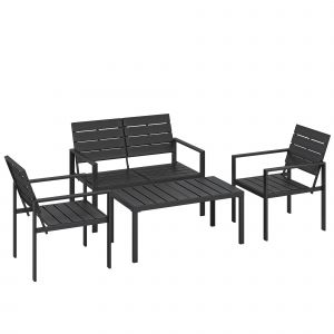 Salon De Jardin 4 Pi&egrave;ces 4 Personnes - Banc, 2 Fauteuils, Table Basse - M&eacute;tal Hdpe Effet Bois Noir - Neuf