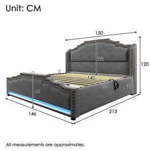 Lit coffre 140x200 lit double avec led et port de recharge usb-c lit pour adolescent avec sommier &agrave; lattes velours gris avec matelas - Neuf