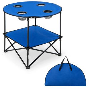 Table De Camping Pliante 72 X 59 Cm Avec Rangement Et 4 Porte-Gobelets Moderne En Tissu Oxford Bleu Helloshop26 20_0013918 - Neuf