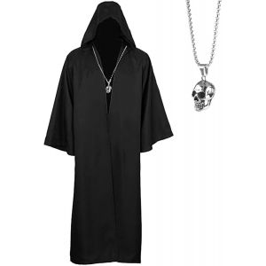 Trahoo-Halloween Cape Noire À Capuche Pour Hommes,Robe De Jedi Avec Collier De Tête De Mort Cape Médiévale Gothique De Chevalier Manteau De Satin,Halloween Carnaval Cosplay Vampire Costumes - Neuf