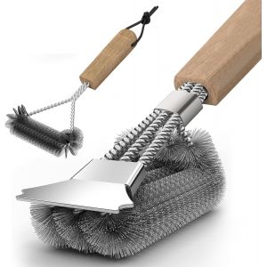 Ulteronixshop-Lot de 2 brosses de nettoyage pour barbecue avec manche en bois, 39 cm, grattoir en acier inoxydable, poils denses en acier inoxydable, triangulaires &agrave; 360 &deg; - Neuf