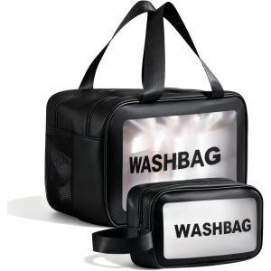 KALANKA-2 Pi&egrave;ces Trousse de Toilette Transparente Set, Grand et Petit Trousse de Toilette &Eacute;tanche en PVC, Imperm&eacute;able et Portable Sac de Voyage Transparent pour Femme Homme (Noir) - Neuf