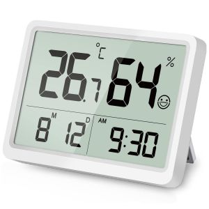 Thermomètre numérique Hygromètre d'intérieur: Petit moniteur de température et d'humidité avec grands chiffres LCD et heure date, Hgromètre précis et étalonnable pour Maison Garage (Blanc) - Neuf
