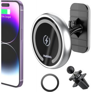 15 W Magnetic Wireless Car Phone Holder For Iphone 15,14,13,12 Pro Max,Plus,Mini, Fast Charging Compatible With Ventilation/Dashboard Silver - Neuf