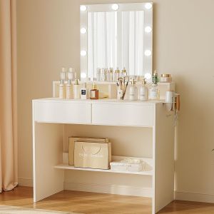 SUBZONAL-Coiffeuse avec &eacute;clairage LED et Miroir, luminosit&eacute; et temp&eacute;rature de Couleur r&eacute;glables, Table cosm&eacute;tique avec 9 Ampoules LED, Blanc - Neuf
