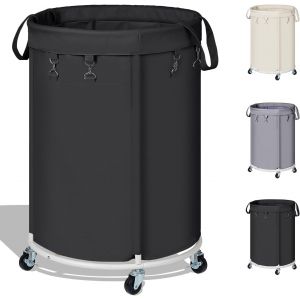 150L Grande Panier &agrave; Linge avec Roulettes, Chariot Linge Sale Rond avec Cadre en M&eacute;tal et Sac d'Oxford Imperm&eacute;able, Panier &agrave; Linge avec Poign&eacute;es pour Buanderie, Chambre, Salle de Bain, Noir - Neuf