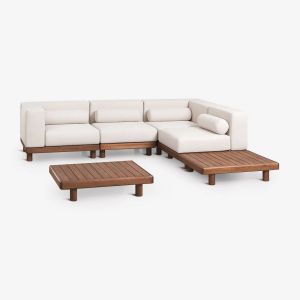 Ensemble De Jardin Avec Canap&eacute; Modulaire D'angle 4 Pi&egrave;ces Comprenant 2 Modules D'angle Et 2 Tables Basses En Acacia Edrien Brun Acacia - Neuf