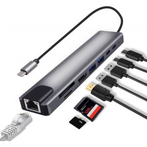 Station d'accueil USB C 8 en 1 Multiport Adaptateur Type C vers RJ45 Ethernet 87 W PD Chargement USB 3.0 USB 2.0 HDMI Lecteur de carte SD/TF Ports de donn&eacute;es Type-C pour ordinateurs portables - Neuf