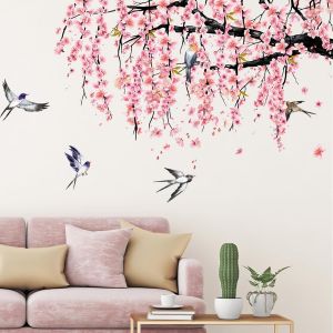Sticker Mural Aquarelle Fleurs De Cerisier Oiseaux Rose Arbre Branche Grand Sticker Mural Fleurs Salon Chambre Canap&eacute; Fond D&eacute;coration Murale - Neuf