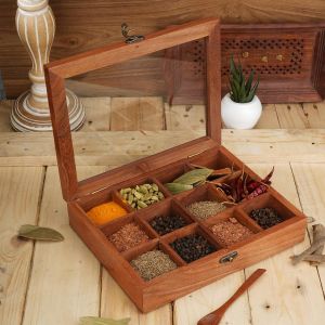 Sjzg-Bo&icirc;te &Agrave; &Eacute;pices En Bois Avec 12 Compartiments - Bo&icirc;te De Rangement Pour Vos Condiments, Sachets De Th&eacute;, Dosettes De Caf&eacute; Avec Couvercle En Verre D&eacute;corer Id&eacute;ale Pour Toute D&eacute;coration Cr&eacute;ative - Neuf