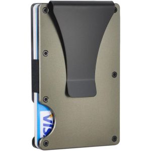 Portefeuille fin et simple en métal RFID avec pince à billets ¿ Organiseur de portefeuille en aluminium pour porte-cartes de crédit pour hommes et femmes (vert militaire) - Neuf