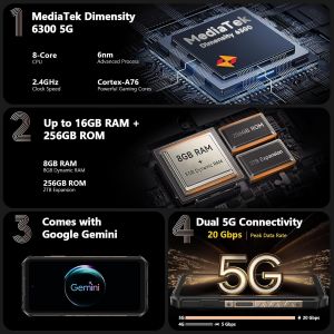 Ulefone Armor X16 Pro AI Smartphone Android 15, 5G Telephone Incassable 10360mAh, 16Go+256Go/TF 2To, 64MP+Vision Nocturne IP68 Telephone de Chantier ecran 6.56"" HD+/120Hz/Gemini AI/NFC/GPS - Neuf