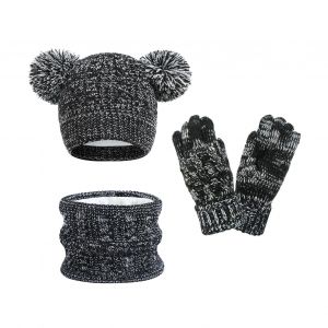 3 Pièces/Ensemble Enfants Chapeau Écharpe Ensemble De Gants Épaissi Peluche Tricoté Anti-Dérapant Boule De Fourrure Décor Coupe-Vent Garder Au Chaud Filles Garçons Extérieur Cou Couverture Gants Beanie Ensemble-Noir Blanc - Neuf