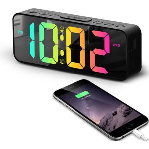 KAL-Réveil Matin Numérique Miroir, Led, 6.5¿ Réveil Horloge Digitale Horloge Numérique Avec Port De Usb, Réveil Multicolore Avec Veilleuse Rgb Dynamique, Ado Lumineux Avec Double Alarme - Neuf