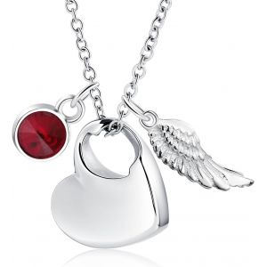 Trahoo-Collier Avec Pendentif Urne En Acier Inoxydable Avec Pierre De Naissance En Cristal - Ailes D'ange - Cendres - Pendentif C?ur - Argent - Neuf