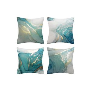 Housses De Coussin D&eacute;coratives &Agrave; Motif Marbre Turquoise Avec Accents Dor&eacute;s Et Argent&eacute;s - Lot De 4, 45 X 45 Cm, M&eacute;lange Coton-Polyester - Neuf