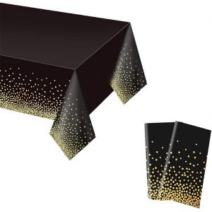 2 Pièces Nappe À Pois Imperméable Plastique, 137x274 Cm Nappe Noir Avec Dorés À Pois, Nappes De Fête Rectangulaire Jetable Pour Les Mariage Anniversaire Remise De Diplôme Fête Noël - Neuf