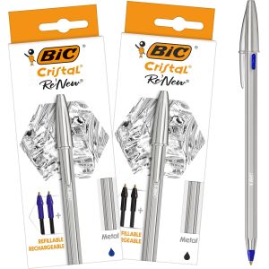 KALANKA-Cristal Re'New - Stylo-Bille Premium en M&eacute;tal et Rechargeable - Parfait pour l'Ecole et au Bureau - Bleu et Noir, Lot de 2+4 Recharges - Neuf