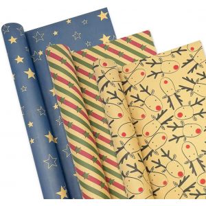 Rouleau De Papier D'emballage De Noël De 76 Cm X 4 M, 3 Rouleaux De Papier D'emballage Cadeau Kraft Imprimé Avec Rayures En Forme D'étoile Et D'élan Pour Décorations De Cadeaux De Fête De Noël - Neuf