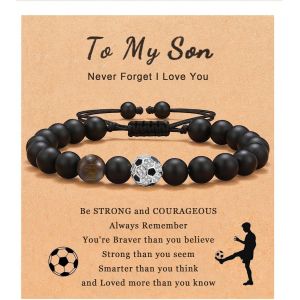 Eryi-Bracelet Cuir Homme Perle Bracelet Pierre Naturelle Tressé Bracelet Avec Pendentif De Football Idee Cadeau Anniversaire Homme Papy Bijoux Homme - Neuf