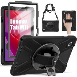Coque Pour Lenovo Tab M11 11 Pouces 2024(Tb330), &Eacute;tui De Robuste Avec Film Protection, Support Rotatif &Agrave; 360&deg;Et Dragonne, Bandouli&egrave;re, R&eacute;sistant Housse Pour Tablette M11, Noir - Neuf