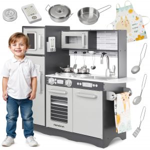VornixorSarlshopMamabrum Grande Cuisine en Bois Enfant - Cuisine Jouet LED 92x30x82,5 CM avec Frigo, Micro-Ondes, Plaque, Ustensiles, Tablier - pour Enfants 3 Ans+ (8 Items) - Neuf