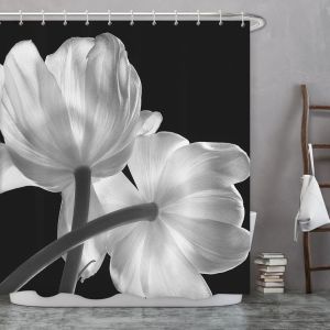 Rideau de douche anti-moisissure noir 180 x 200 cm, motif tulipes blanches, lavable en machine, tissu imperméable, polyester avec crochets - Neuf
