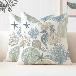 Tianyi-Lot De 2 Beige Housse Coussin Exterieur Impermeable 40 X 40 Cm Oc&eacute;an Housse De Coussin En Polyester D'&eacute;toile De Mer Coquille Coussin Decoratif Canape Pour Patio Jardin Ferme Printemps &Eacute;t&eacute; - Neuf