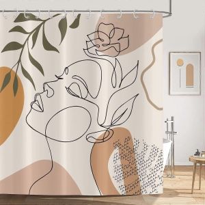 Vente promotionnelle Rideau de douche Bohème 180x200cm,Art abstrait moderne Boho Fille Visage Beige Lavable Baignoire Rideau de douche Tissu imperméable Bathr - Neuf