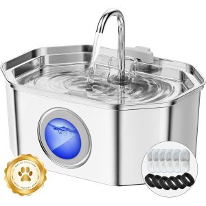 Fontaine A Eau Chat Inox, 3.2l Fontaine À Eau Chat,Fontaine Chats Silencieuse,Led Fenêtre,Les Systèmes De Filtrage Multiples Sont Faciles À Nettoyer (Lot De 6 Éponges Et Filtres) - Neuf