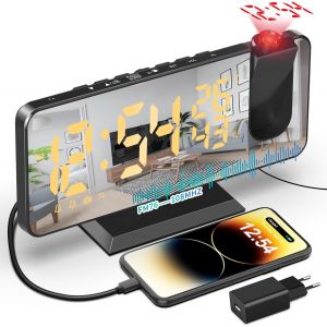 CHECARZHN--NO1-Radio Réveil Projecteur Plafond Reveil Projecteur Avec Radio Avec Double Alarme Et Écran Miroir Led, Usb, Snooze, 4 Niveaux De Luminosité, 12/24H, 15 Volume, Pour La Maison, Le Bureau - Neuf