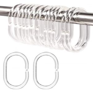 Jeu de 12 anneaux de rideau de douche transparents, anneaux de rideau de douche en plastique, anneaux de rideau de douche en forme de C, crochets de rideau pour la salle de bain - Neuf