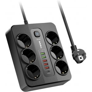 Multiprise 6 Prises avec 5 Ports USB A et 1 Ports Type-C,Prise de Courant avec Interrupteur,pour Maison et Bureau,Noir - Neuf