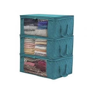 Lot de 3 sacs de rangement pliables pour v&ecirc;tements et couettes avec fermeture &eacute;clair - Bleu - Neuf