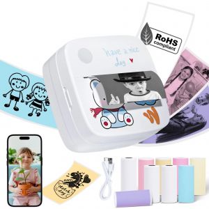 Mini imprimante thermique portable rose avec 13 rouleaux &ndash; Impression tickets, &eacute;tiquettes & notes - Neuf