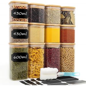 Bocaux En Verre Lot De 12, 430ml/600ml Bocal En Verre Avec Couvercle En Bois, Bocaux Epices Empilables, Pot Verre Boite Rangement Cuisine Pour Epices Cereali Bonbons - Neuf