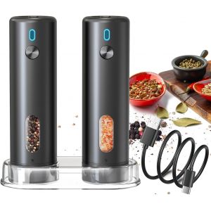 Moulin &agrave; Sel et Poivre &Eacute;lectrique, Ensemble de Moulin Epices Electrique avec Base, Grinder Hachoir Salieres et Poivrieres Electrique Rechargeable pour BBQ Restaurant Cuisine, Noir (Lot de 2) - Neuf