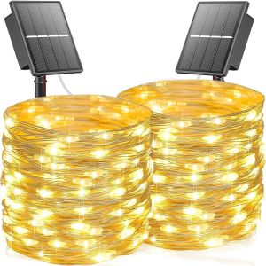 JGD-Lot de 2 Guirlande Solaire Exterieur, 20M Totale 400 LED Guirlande Lumineuse Exterieur Solaire, 8 modes Lumineuse No&euml;l Exterieure &Eacute;tanche pour Jardin Terrasse No&euml;l Mariage, Blanc Chaud - Neuf