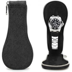 Kal-1 Étui De Montre En Cuir Saffiano Véritable Pour 1 Montre Portable Avec Fermeture Éclair (Noir) - Neuf