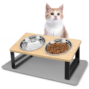 KALANKA-Gamelle Chat Surélevée - Bol Ergonomique en Acier Inoxydable avec Tapis Lavable pour Chat et Chien, 350ml - Neuf