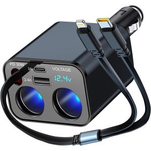 R&eacute;partiteur Allume-Cigare R&eacute;tractable - 2 Prises - Chargeur Uab C - 12 V - 24 V - Adaptateur Usb - Prise 159 W - Adaptateur De Prise - Chargeur Rapide Pour T&eacute;l&eacute;phone Portable, Gps, Cam&eacute;ra Embarqu&eacute;e, - Neuf