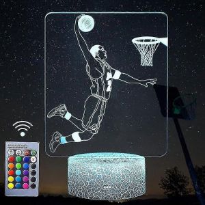 Veilleuse 3d Basket-Ball Joueur Veilleuse, Led Decor Illusion Lampe Avec T&eacute;l&eacute;commande Et Smart Button 16 Couleurs Lumi&egrave;re Changeante Avec C&acirc;ble Usb - Neuf