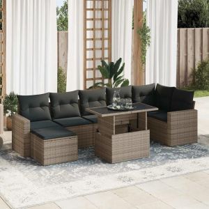 Salon De Jardin 8 Pcs Avec Coussins Gris Résine Tressée - Neuf