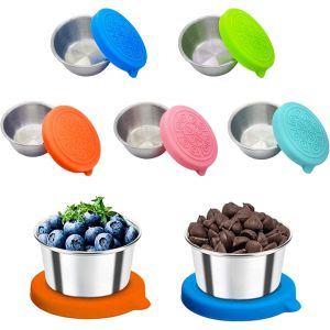 Checarzhn--No1-Lot De 5 Petits Conteneurs De Vinaigrette En Acier Inoxydable De 50 Ml, Avec Couvercle En Silicone, Anti-Fuite, Réutilisable Mini Sauce Tasse À Collation Boîte Alimentaire - Neuf