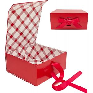 Grand Boîte Cadeau Blanc 33.5x27x12.5 cm, Boîte Cadeau Haut de Gamme avec Couvercle Magnétique et Ruban pour Emballage Cadeau de Vacances, Mariage, Anniversaire, Doublure à Carreaux - Neuf