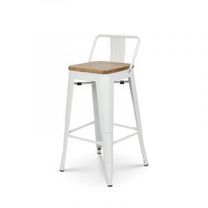 Tabouret en m&eacute;tal blanc mat style industriel avec dossier et assise en bois clair - Hauteur 66cm - Neuf