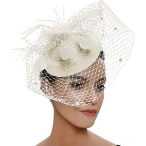 Beige - Élégant Chapeau Bibi De Mariage Pour Femme, Voile De Mariée, Coiffe En Maille Vintage, Mini Béret De Voile De Mariage Avec Ornement De Cheveux En Plumes, Robe De Soirée Fantaisie - Neuf