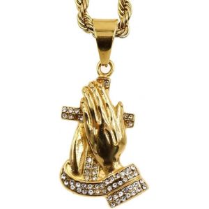 Kal-Collier Croix De Pri&egrave;re Pour Hommes, Collier Mains En Pri&egrave;re Hip Hop, Collier Avec Pendentif Croix Religieuse Chr&eacute;tienne Avec Cha&icirc;ne De 23,6"", Pendentif Main De Pri&egrave;re Punk Rock En Acier Inoxydab - Neuf