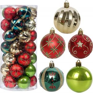 30pcs Boule de No&euml;l D&eacute;coration de D&eacute;finir, De 2,36 Pouces, Rouge, Vert et Or Boules de No&euml;l, Incassable Accroch&eacute; des d&eacute;corations de No&euml;l Ensemble - Neuf